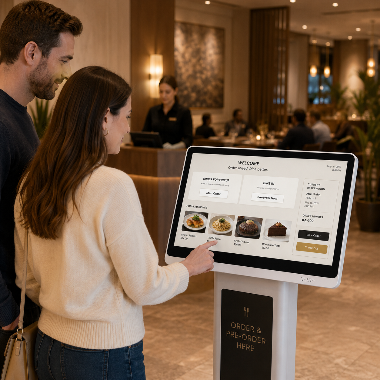 Customer using a commercial self-service touch display