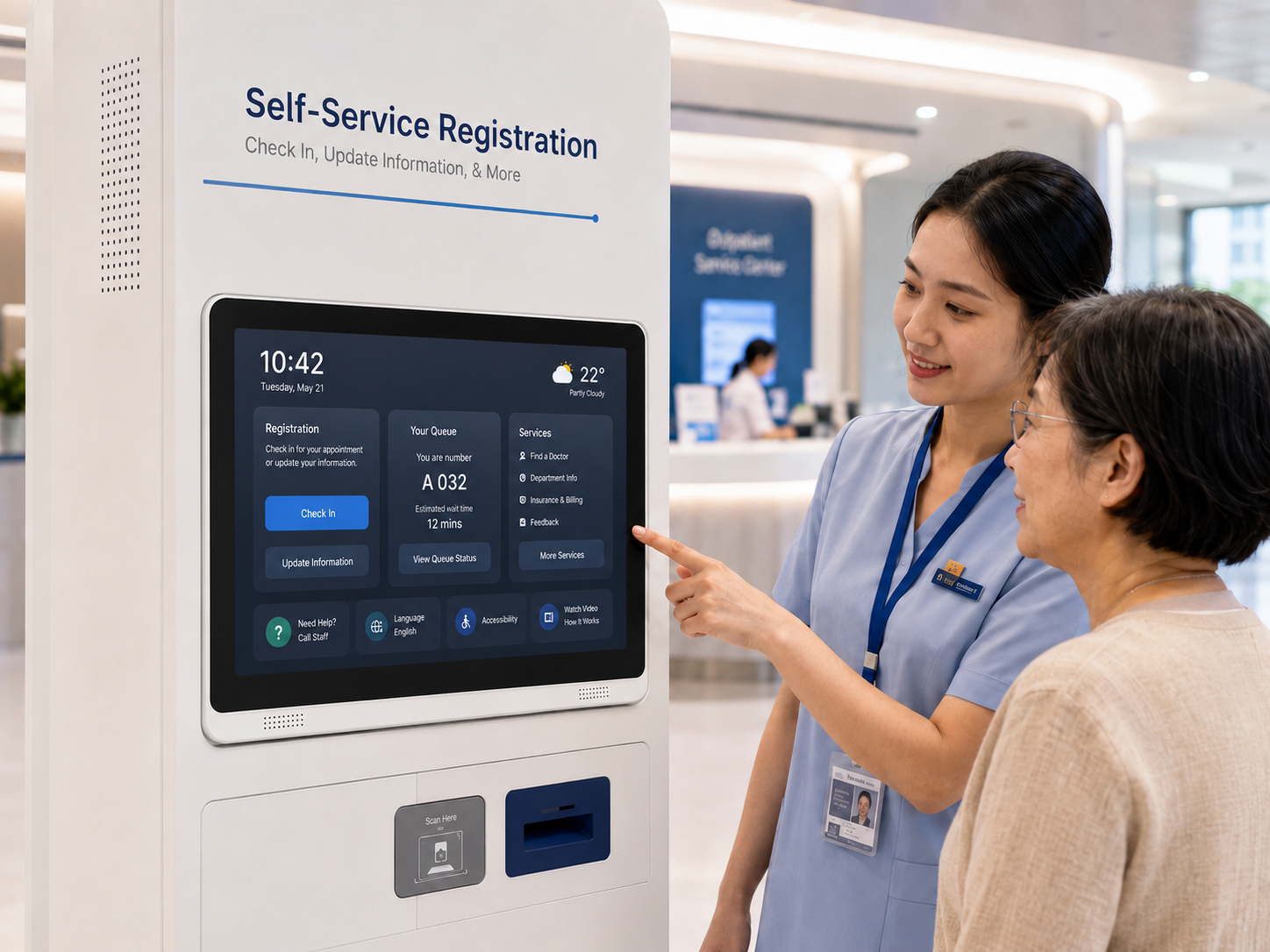 Patient and nurse using a healthcare self-service display