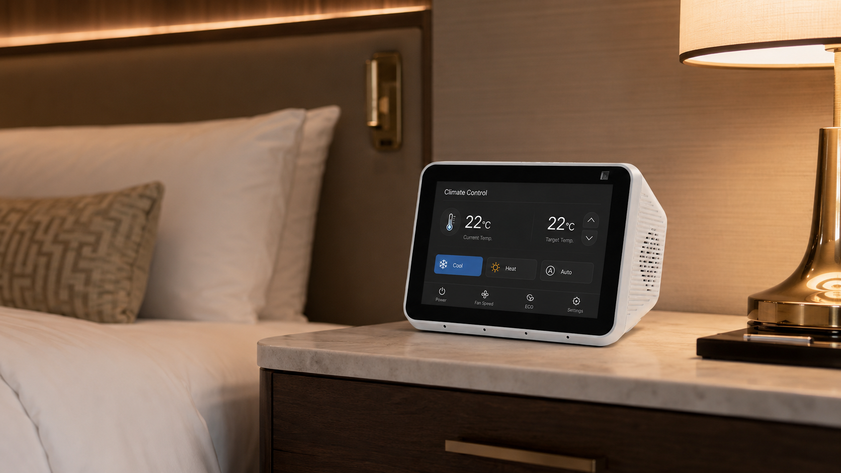 MS-0806 smart display beside a hotel bed